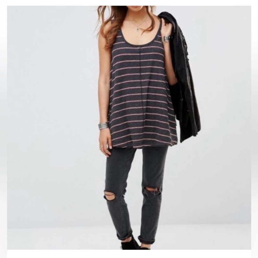 Free People | Garden Striped Tunic Tank Swing Top Charcoal Heather | L